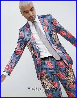 ASOS EDITION skinny suit jacket & trous in blue floral print with tiger patches