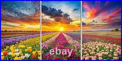 Field of Colourful Flowers 3 set of 3 art triptych canvas / poster Contemporary