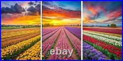 Field of Colourful Flowers 7 set of 3 art triptych canvas / poster Contemporary