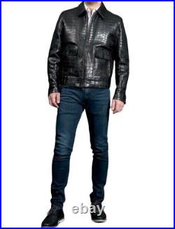 Mens Real Leather Crocodile Embossed Jacket Biker Black Alligator Print Jacket