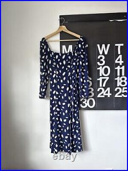 Reformation Sigmund Splatter Print Midi Dress Navy White Long Sleeve Viscose 0 P