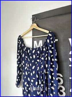 Reformation Sigmund Splatter Print Midi Dress Navy White Long Sleeve Viscose 0 P