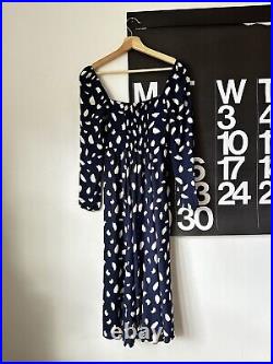 Reformation Sigmund Splatter Print Midi Dress Navy White Long Sleeve Viscose 0 P