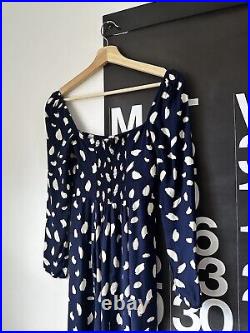 Reformation Sigmund Splatter Print Midi Dress Navy White Long Sleeve Viscose 0 P