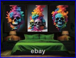 Set of 3 Colourful Skulls in Rainbow Smoke Goth Emo Room Decoration Art