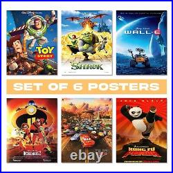 Set of 6 Disney Pixar Kids Animated Film Poster Prints Colorful Wall Art Decor