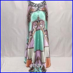 Vintage Betsey & Adam Retro Multicolored Print Cutout Back Halter Prom Dress US4