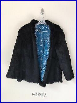 Vintage Reversible Jacket Coat Black Rabbit Fur Teal Blue Asain Floral Print M